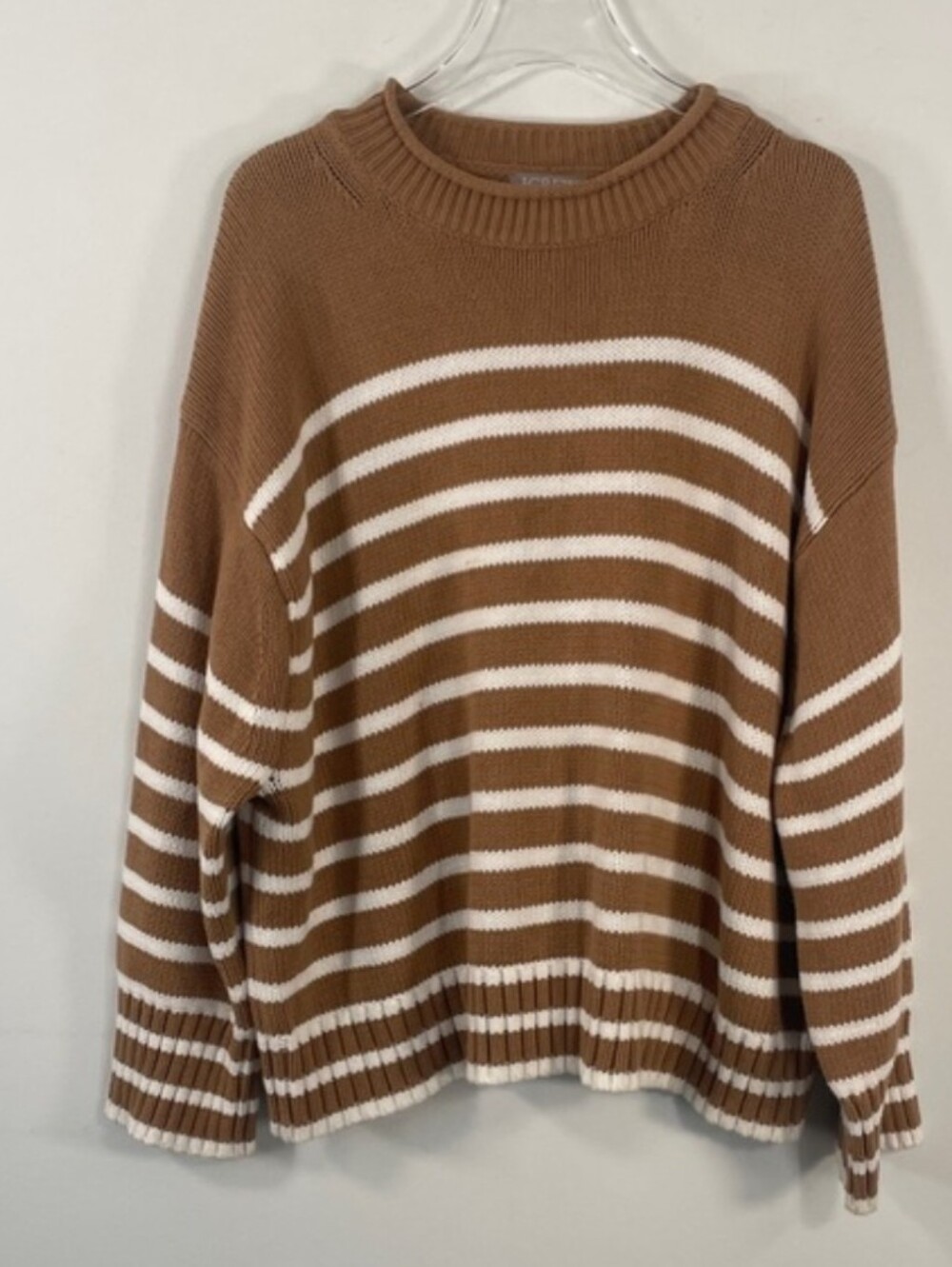 J Crew Plus Size 100% Cotton Tan and White Striped Boxy Fit Sweater Sz 2X